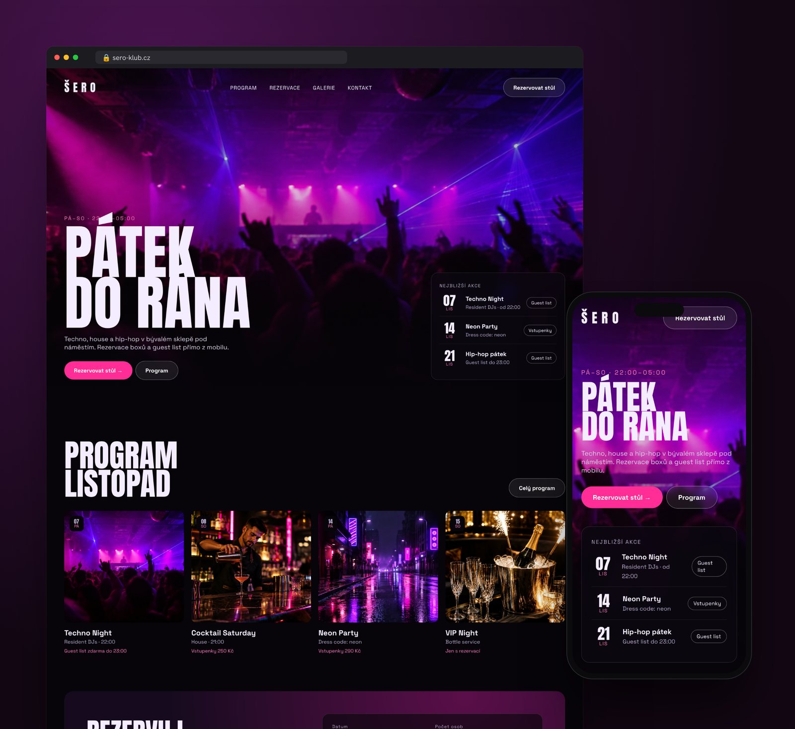 Ukázkový web nočního klubu s programem a rezervací stolů